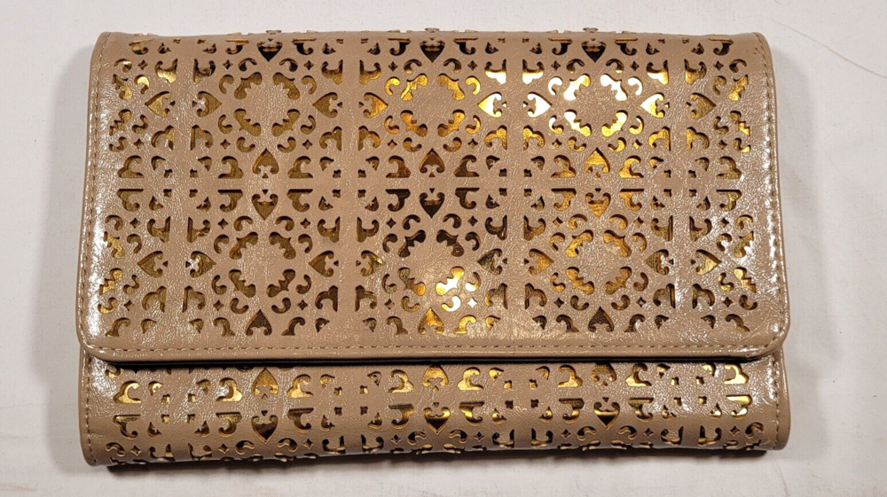 Expressions NYC Beige with Gold Cutouts Clutch Purse with Crossbody Length Chain
